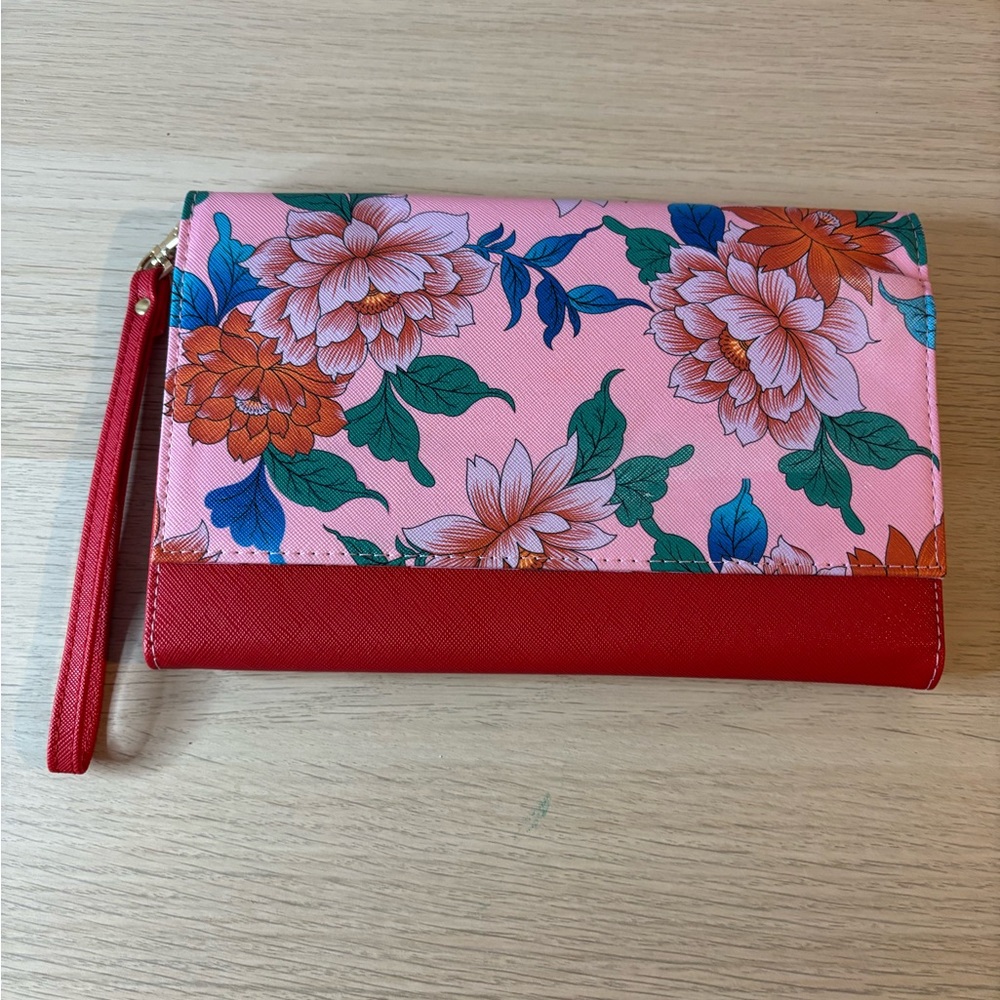 Pink Floral Wristlet Clutch with Red Trim